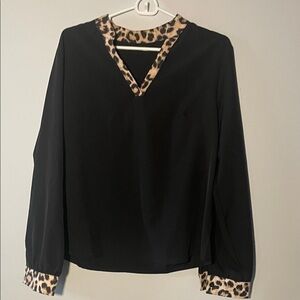 Chic Black Blouse with Leopard Trim